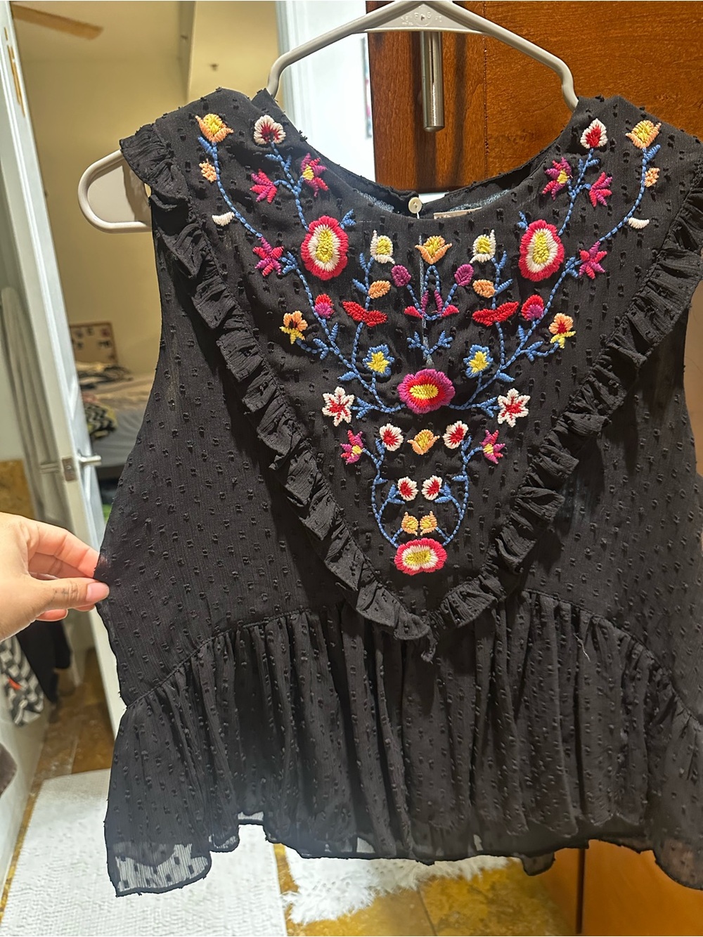 Zara Black Embroidered Ruffle Camisole